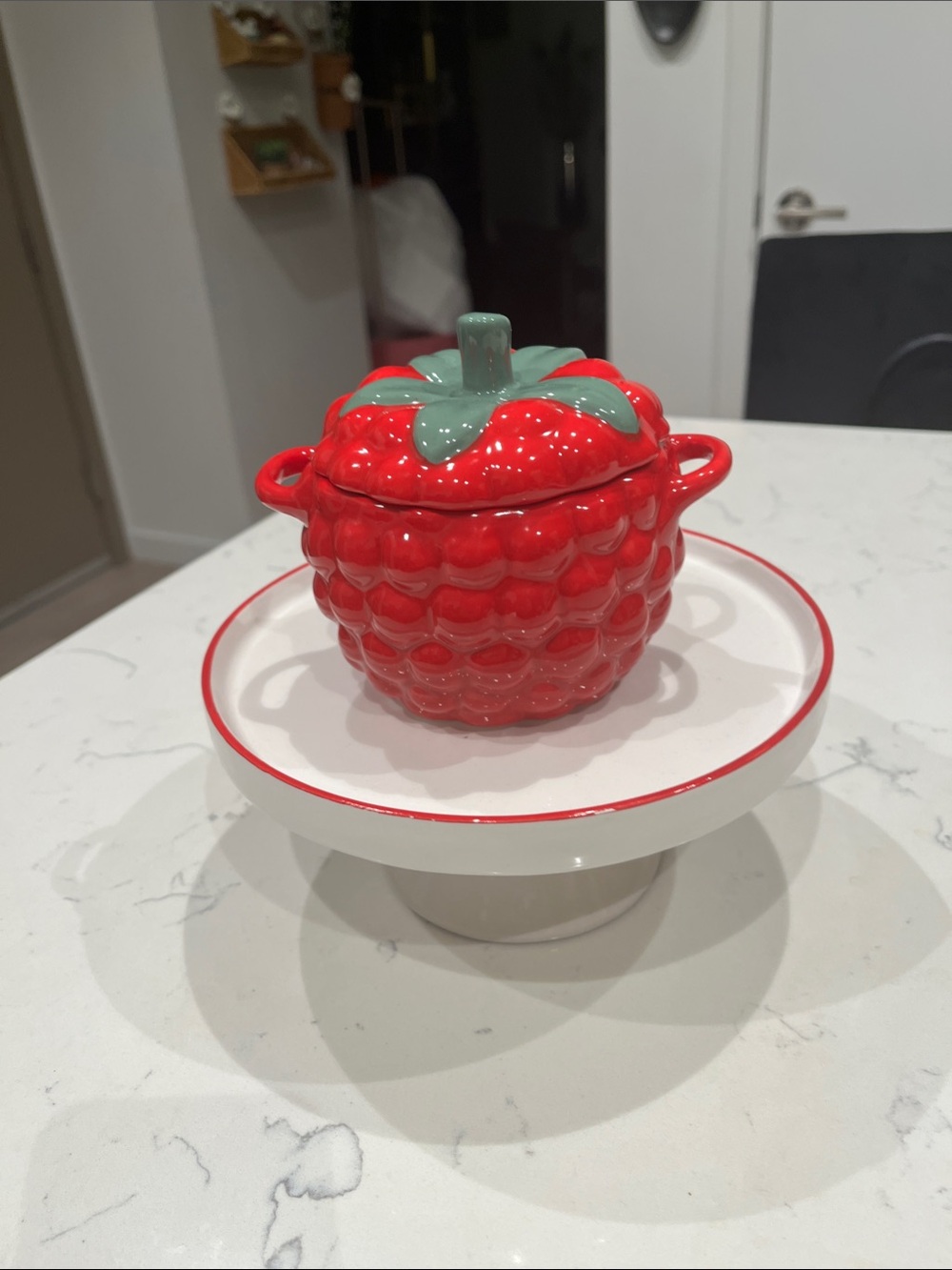 Red Raspberry Ceramic Covered Sugar Bowl with Green Leaf Lid
